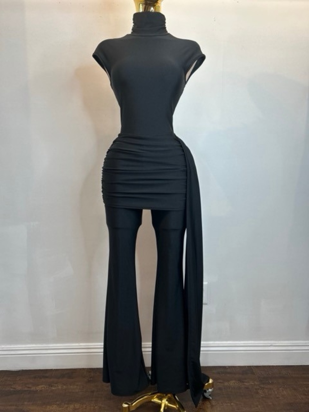 High-Neck Women's Jumpsuit with Draped Side Panel BLACK